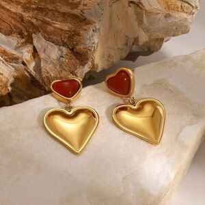 18 K Gold Plated Stainless Steel Red  Agate Heart Drop Earrings